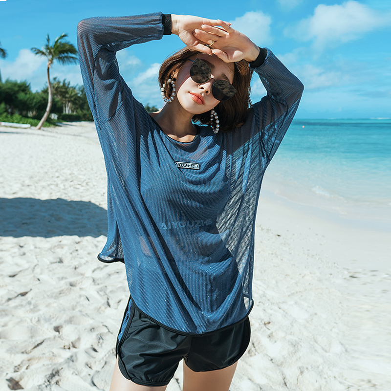 Swimsuit female summer Conservative belly cover belly 2021 New loose long sleeve seaside sunscreen split slim hot spring three-piece set