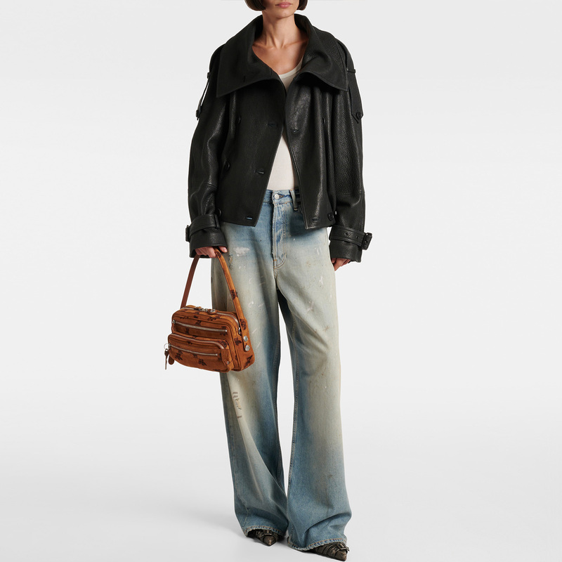 Ac's New 2025 Genuine Leather Jacket for Women, Popular Style, Casual Loose Double-Breasted Cool and Stylish Short Coat