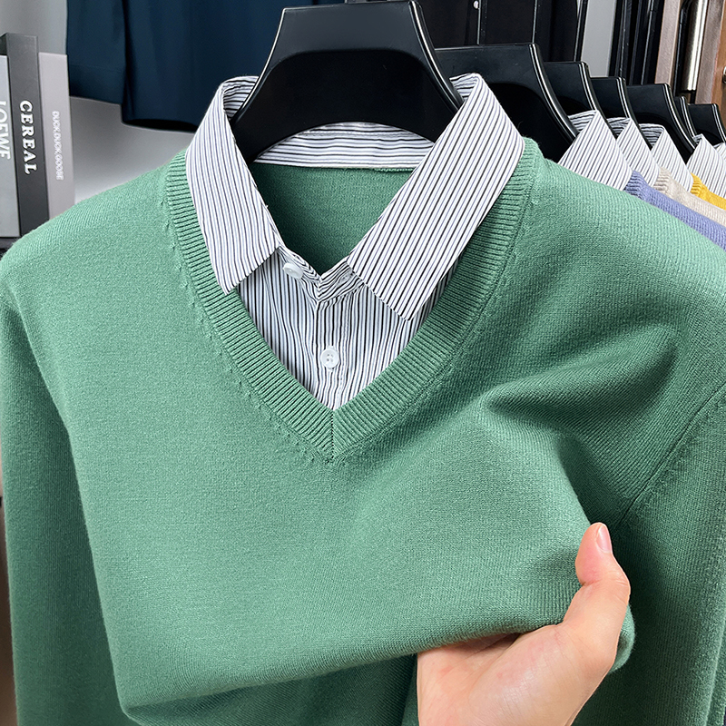 Thickened Fake Two-Piece Knit Sweater for Men, 2026 Autumn and Winter New Style, Shirt Collar Top, Green Bright Color, Warm Pullover Sweater