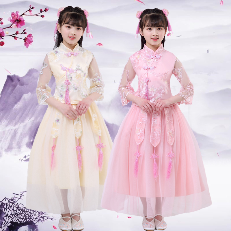 Summer girl Hanfu female super fairy Chinese style ancient costume Republic of China little girl Cheongsam Tang costume Guzheng performance costume Children