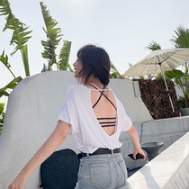 Honey kiss sexy front buckle gathering beauty back bra set without steel ring cross shoulder strap underwear female backless artifact