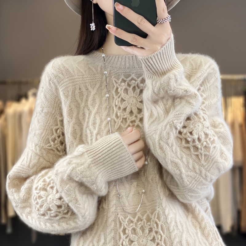 Lazy Style, Large Size, Round Neck, Crochet Long-Sleeved Knitted 100% Wool Sweater for Women, Thickeneded Loose Sweater, Stylish Top