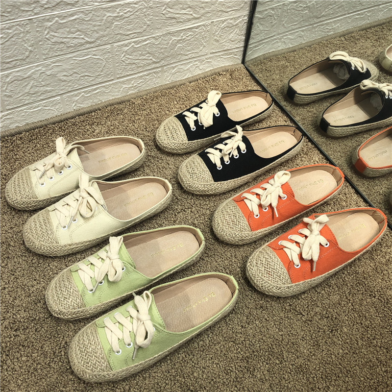 INS Korea lace up Baotou fisherman slippers 2022 summer new student straw-woven lazy casual low-heeled sandals and slippers women