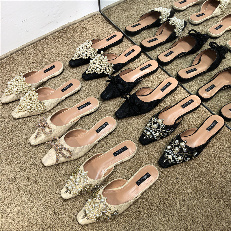 chic Korean lace square head low-heeled Baotou slippers women's 2022 spring and autumn new beaded rhinestone outer wear Muller shoes