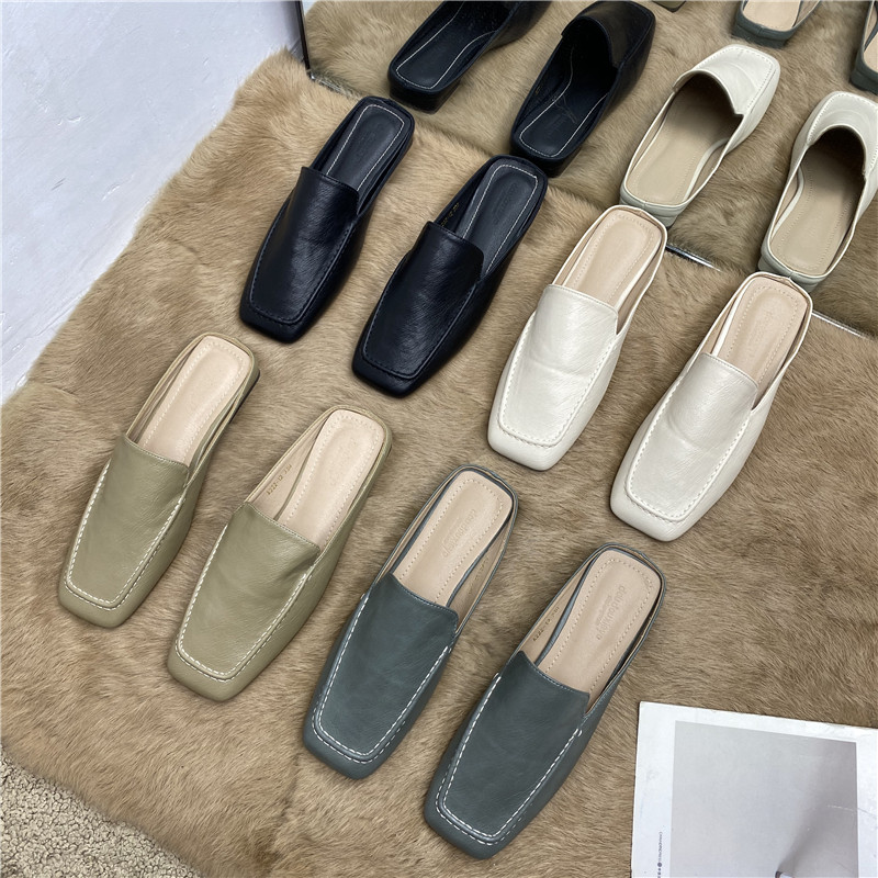 chic Korean square head low-heeled slippers women's 2022 summer new outer wear Baotou flat sandals and slippers lazy mules