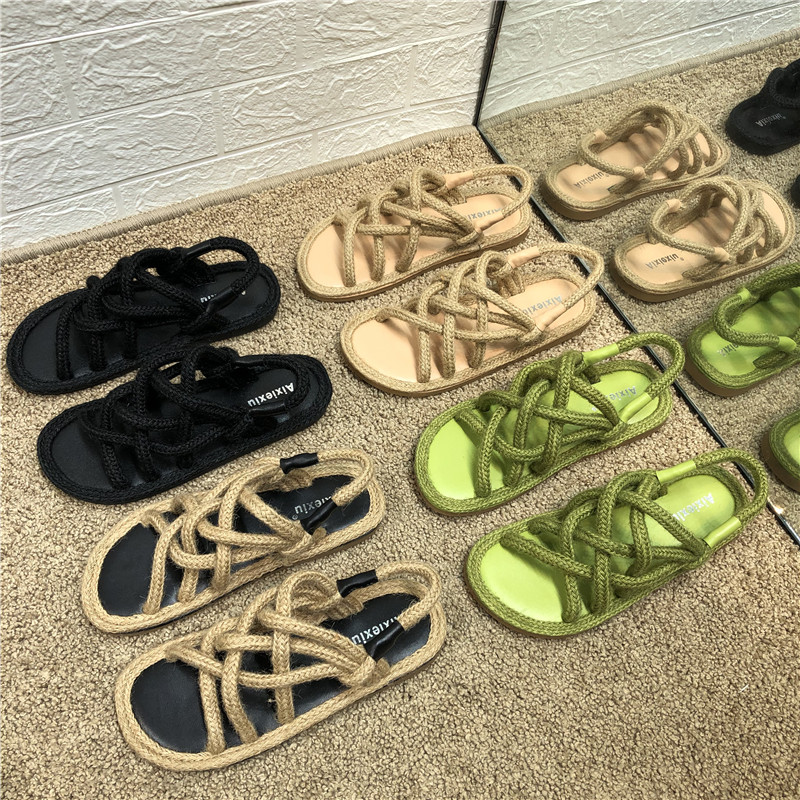 chic Korean summer new products straw women's sandals flat sandals slippers shoes hemp rope Roman shoes cross strap low-heeled women's shoes