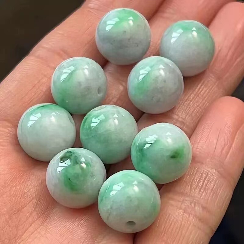 Natural Burmese Old Mine A-Grade Jadeite with Green Flower Patterns, Ice Sun Green Jadeite Round Beads, Loose Beads for DIY Bracelets and Necklaces