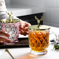 Glass Cup with lid handle water Cup home office transparent large capacity thick Cup deer head iron cover tea cup