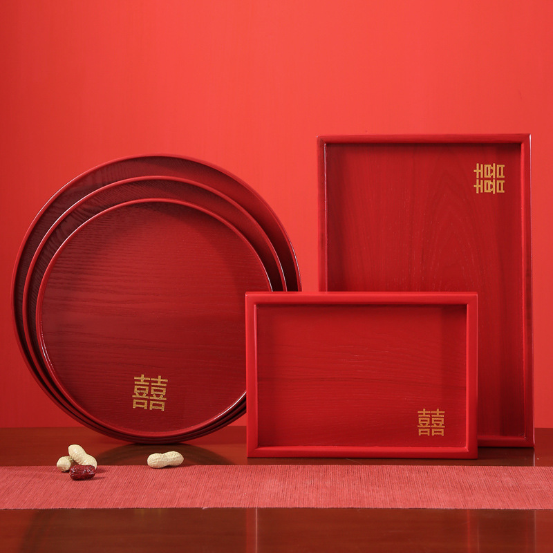 Tray Wedding Celebration Wedding Red Round Rectangular Chinese Wooden Toast Tea Tray Home Ring Delight with Wedding Tray-Taobao