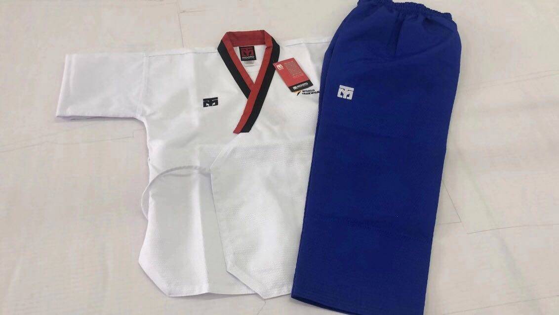 Mooto red and black collar taekwondo suit