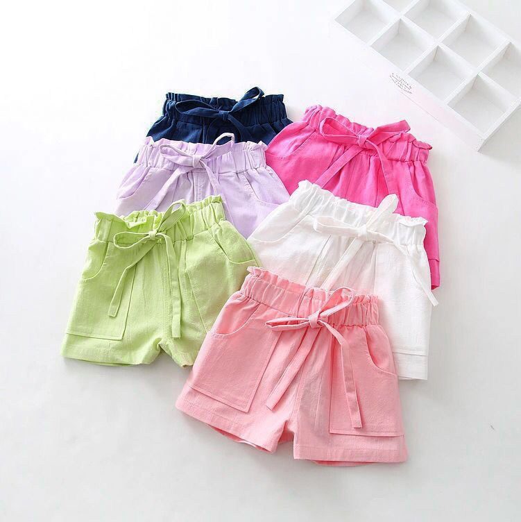 Summer children's baby girls candy color cotton linen solid color large pocket elastic waist high waist shorts hot pants white