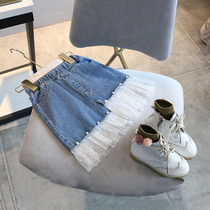 Summer girls comfortable half-body skirt small middle middle large children sweet and cowboys splice dress lace dress