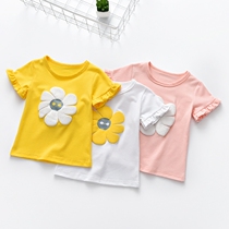 Baby white short sleeve T-shirt summer dress girl child wooden sleeve solar round collar tops thin cotton baby baby