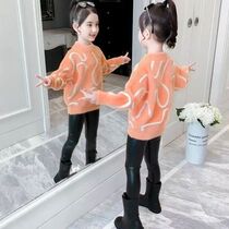 Girls sweater in autumn and winter childrens mink fashion gas plus thickening middle and high collar