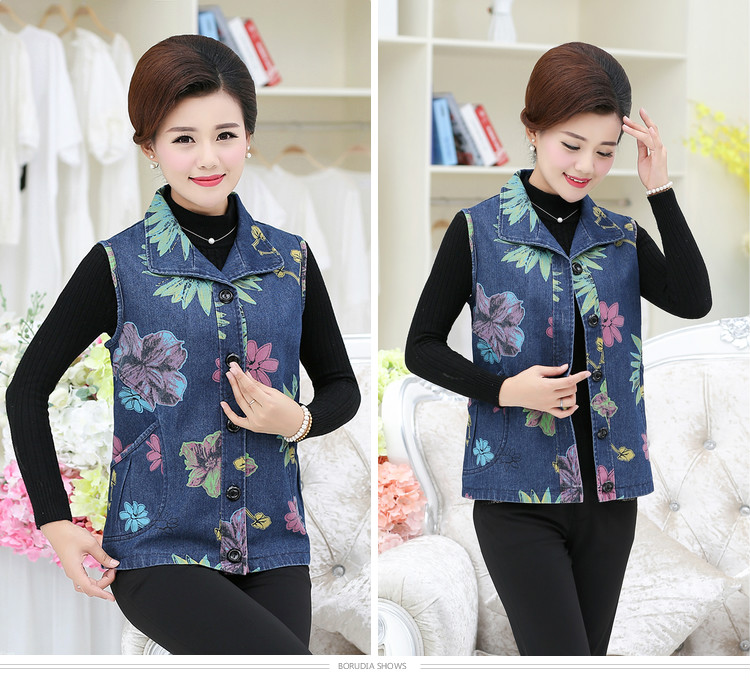 Áo vest nữ trung niên chất liệu denim mùa thu và mùa đông vest vest vest nữ mùa xuân và áo khoác mùa thu cotton cỡ lớn đầm dự tiệc cho người lớn tuổi