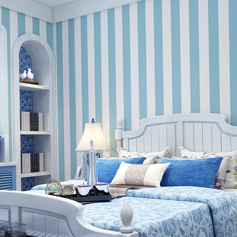 Mediterranean wallpaper self-adhesive living room stickers environmentally friendly non-woven Nordic bedroom light blue striped self-adhesive wallpaper