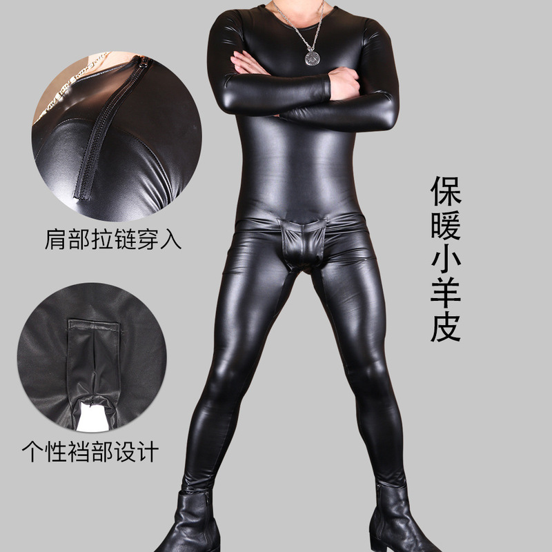2022 Winter Plus Size Men's Warm Full Body Jumpsuit High Elastic Tight Pu Leather Underwear Two-Piece Set 2022 Winter Plus Size Men's Warm Full Body Jumpsuit High Elastic Tight Pu Leather Underwear Two-Piece Set