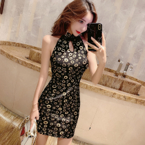 Nightclub sexy neck strapless birthday party dress retro gilding wave point cheongsam slim hip dress