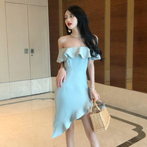 One-word collar off-shoulder auto show dress ruffle slim hip fishtail dress birthday party evening dress