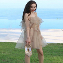 One-word collar off-the-shoulder Super fairy puffy skirt birthday party evening dress organza ruffle ruffles dress women