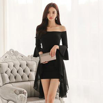 One-word collar off-shoulder slim body slim bag hip ruffle dress birthday dinner host swallowtail dress