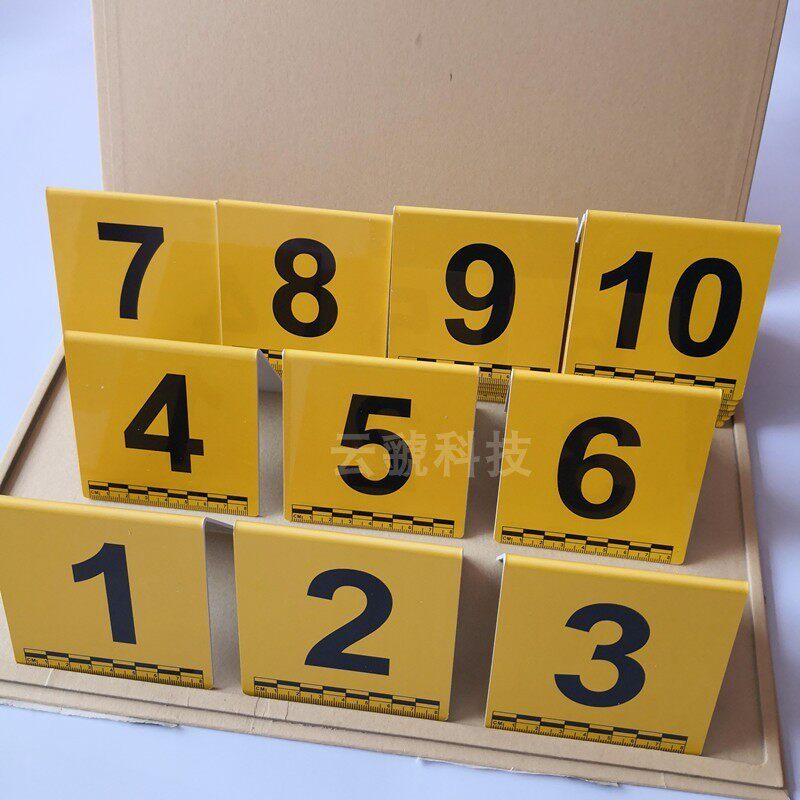 Yellow plastic materia license plate (number 1-30 straight proportional scale) physical evidence badge ID card