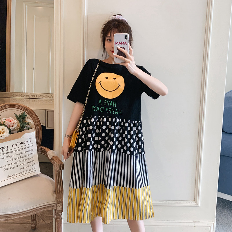 2021 summer new dress big size fat mm thin women's loose and wild stitching printing short-sleeved long dress