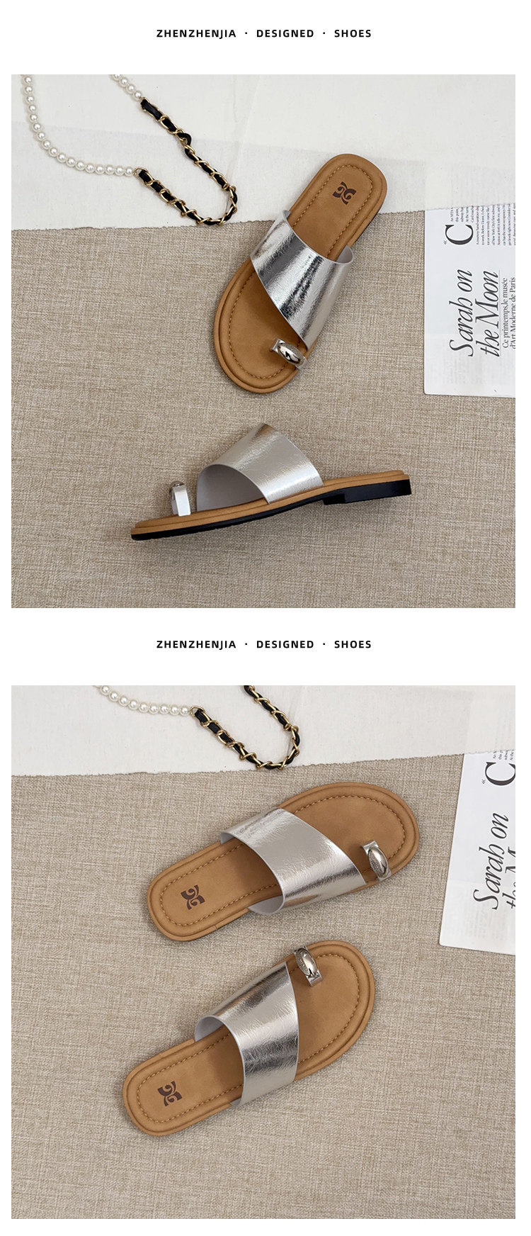 复古银色套趾凉拖鞋女2025夏季新款百搭平底一字拖配裙子沙滩半拖详情13
