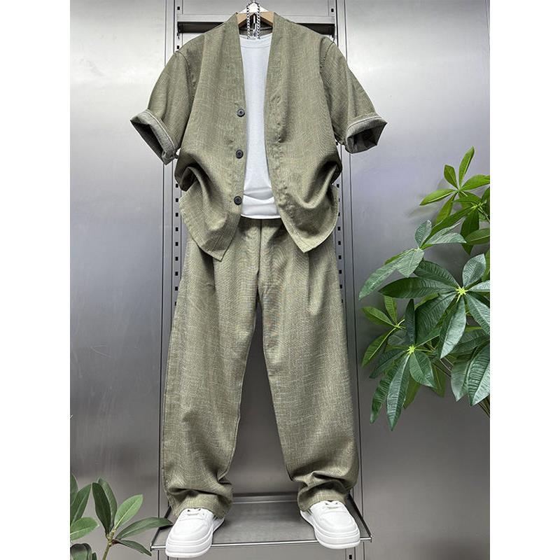 Neshcireaheb Sports Loose Five-Quarter Sleeve Casual Suit Men's Summer Versatile Half-Sleeved Shirt and Trousers Two-Piece Set Neshcireaheb Sports Loose Five-Quarter Sleeve Casual Suit Men's Summer Versatile Half-Sleeved Shirt and Trousers Two-Piece Set