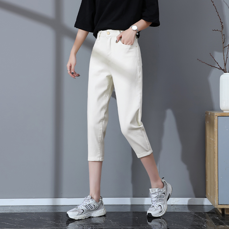 Off-White Cropped Jeans for Women, Summer Thin Style, Loose Fit, Slimming, Stretchy, High-Waisted, Cropped Pants, Petite Harem Pants
