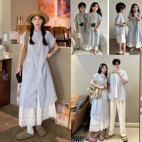度假亲子装一家三口儿童短袖衬衫慵懒风夏季两件套连衣裙家庭装