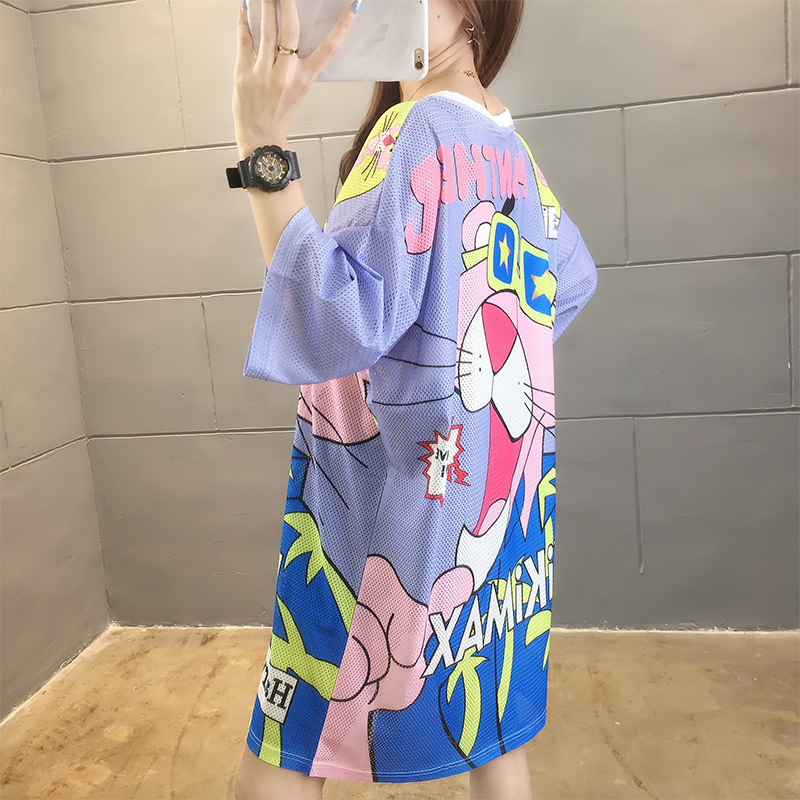 2024 Summer New Ice Silk Quick-Drying T-Shirt Dress for Women, Mid-Length, Korean Style, Plus Size, Mesh, Loose, Versatile, Short-Sleeved