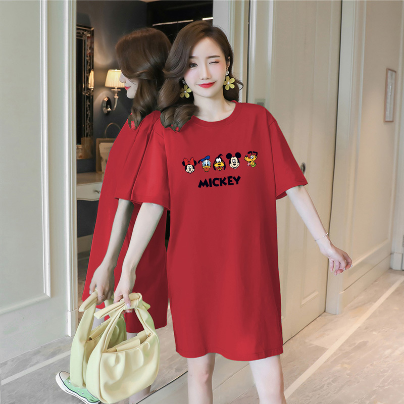 Red Maternity Plus-Size Dress for Summer 2024, New Mid-Length T-Shirt Dress, Pure Cotton Nightgown for Women