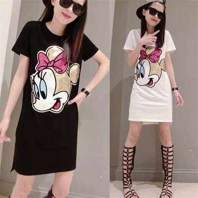 European Style New Front Short Back Long Slit T-Shirt Sequin Dress for Women, Mid-Length Short-Sleeved, Stylish, Slimming, Versatile European Style New Front Short Back Long Slit T-Shirt Sequin Dress for Women, Mid-Length Short-Sleeved, Stylish, Slimming, Versatile