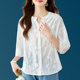 Lace embroidered V-neck white loose mid-sleeve shirt for women