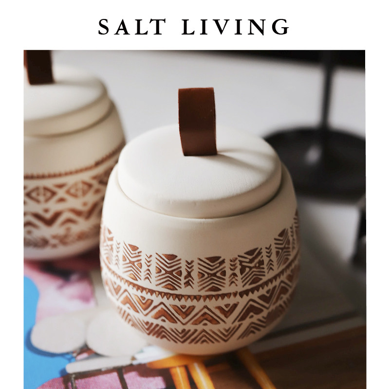SaltLiving leather tote lid ethnic geometric pattern ceramic storage jar tabletop jewelry miscellaneous storage