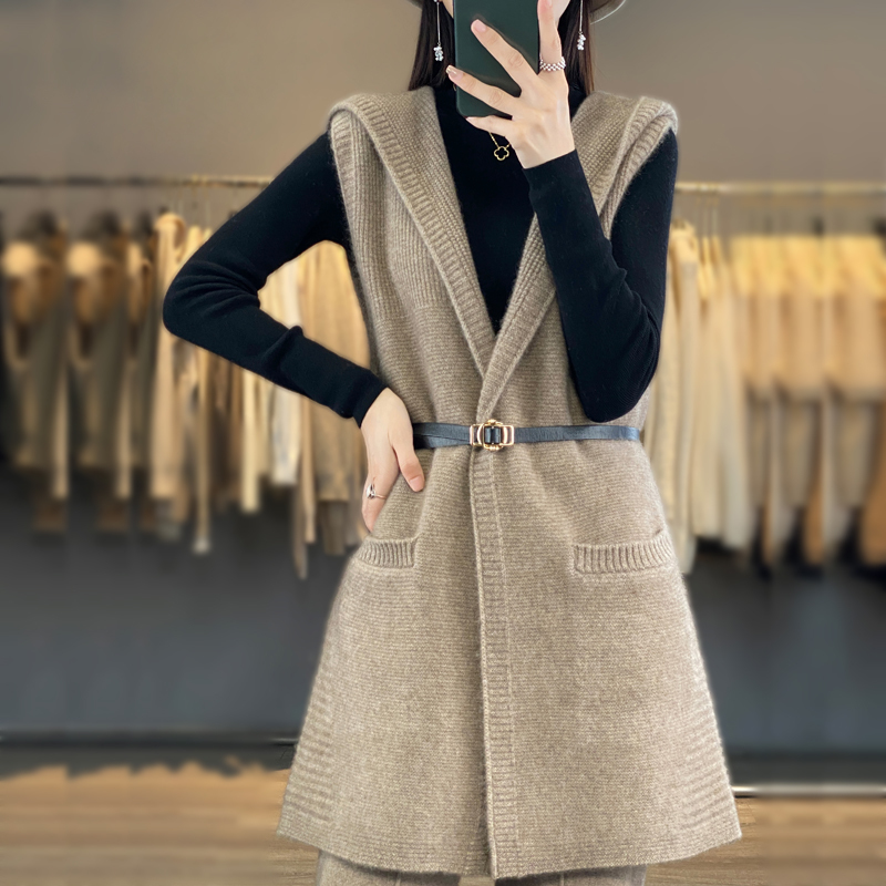 Mid-Length Hooded Pure Wool Vest for Women, Knitted Sleeveless Sweater Cardigan with Pockets, Outerwear Vest Mid-Length Hooded Pure Wool Vest for Women, Knitted Sleeveless Sweater Cardigan with Pockets, Outerwear Vest