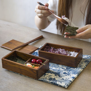 Camphor Leaf Wooden Lunch Box Square Two-Layer Portable Lunch Box Solid Wood Sushi Box Rectangular Double-Layer Environmentally Friendly Tableware