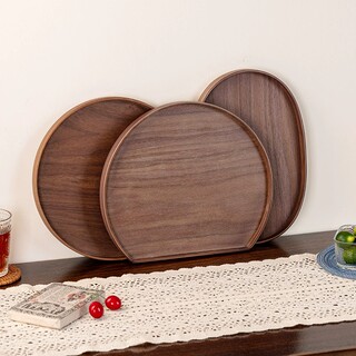 Black Walnut Wooden Round Tray Japanese-Style Oval Tray Household Water Cup Tea Tray Storage Hotel Serving Tray Breakfast Tray