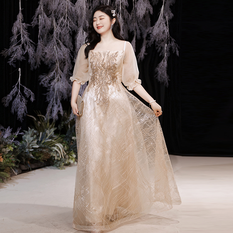 Plus Size Evening Dress for Fat Women 100kg New Khaki Slimming High-End Student Graduation Banquet Bridesmaid Evening Dress for Women