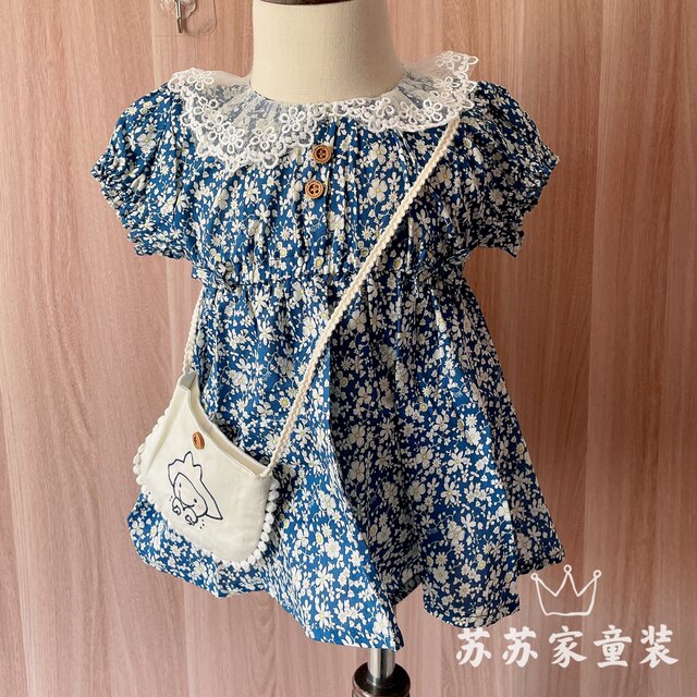 Korean girl summer dress baby girl cotton and linen fabric cool lapel floral cute skirt with small bag