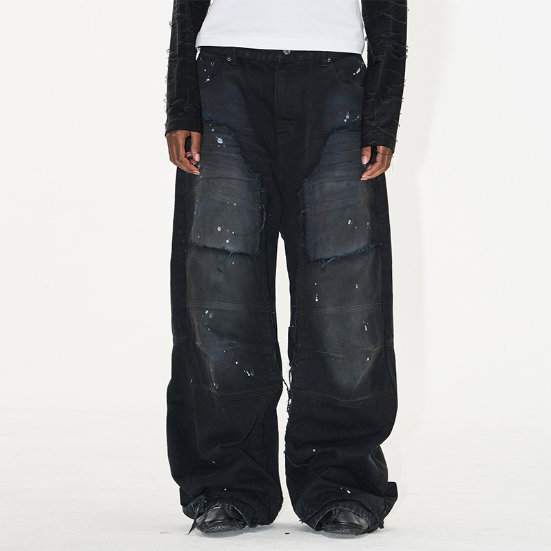 Exitmode by Blindnoplan 25Ss Washed Splatter Ink Offset Patchwork Lumberjack Straight-Leg Jeans