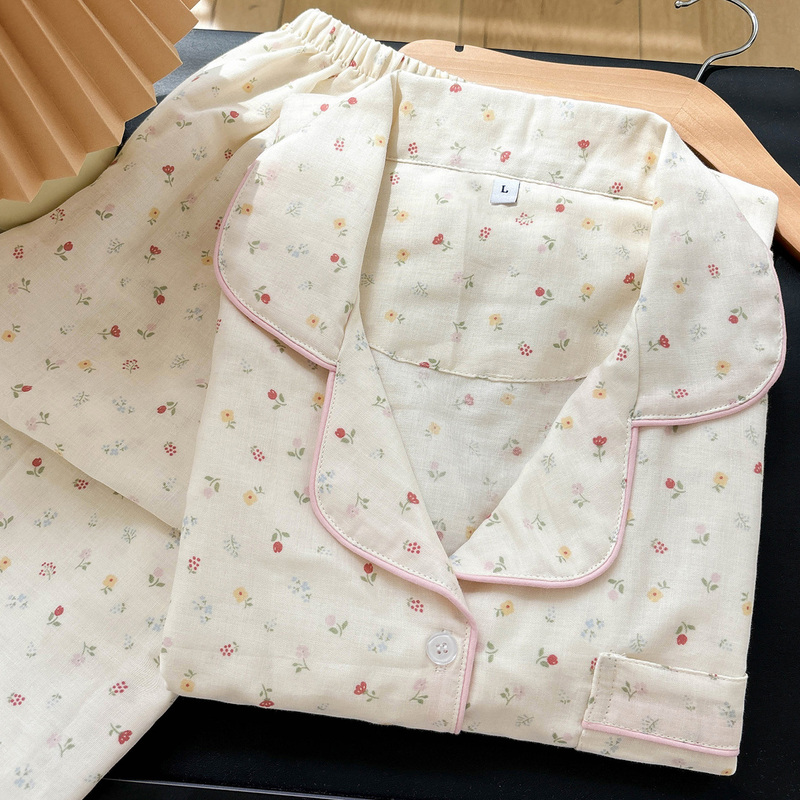 Class a Double-Layer Gauze Cream Floral Pure Cotton Gauze Small Floral Pajamas Women's Turn-Down Collar Long-Sleeve Loose Loungewear Set Class a Double-Layer Gauze Cream Floral Pure Cotton Gauze Small Floral Pajamas Women's Turn-Down Collar Long-Sleeve Loose Loungewear Set