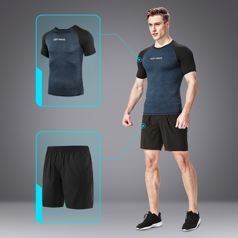 Royal blue short-sleeved tights sports suit men's summer short-sleeved two-piece quick-drying running suit summer shorts clothing