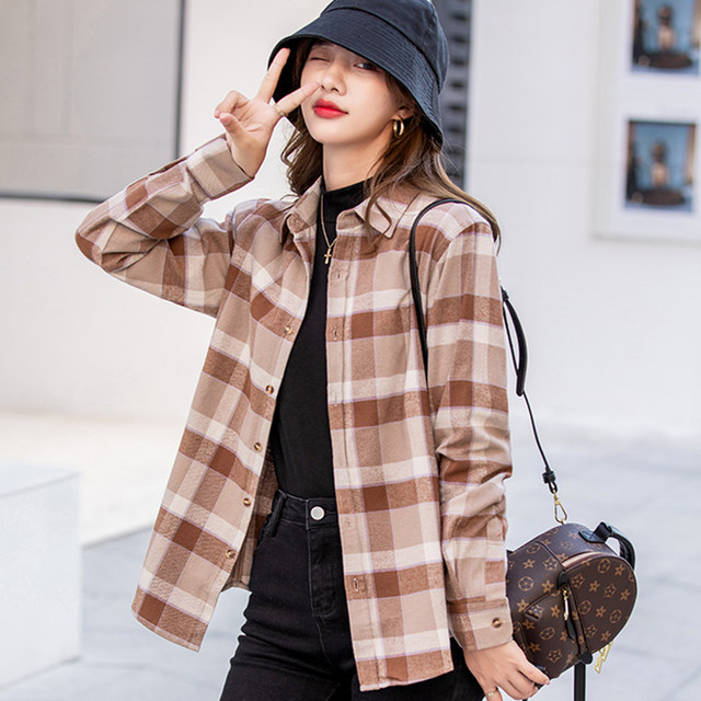 Pure cotton plaid shirt women's long-sleeved spring and autumn loose inner Hong Kong style retro inner layered shirt for students and couples