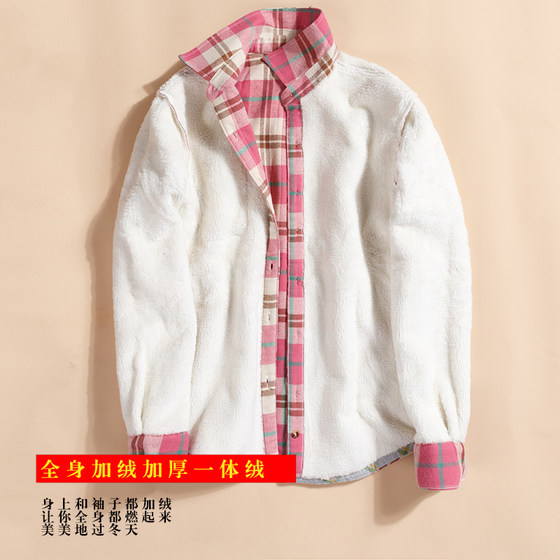 Warm and velvet thickened cotton plaid shirt for women winter Korean style student cotton casual sherpa versatile shirt