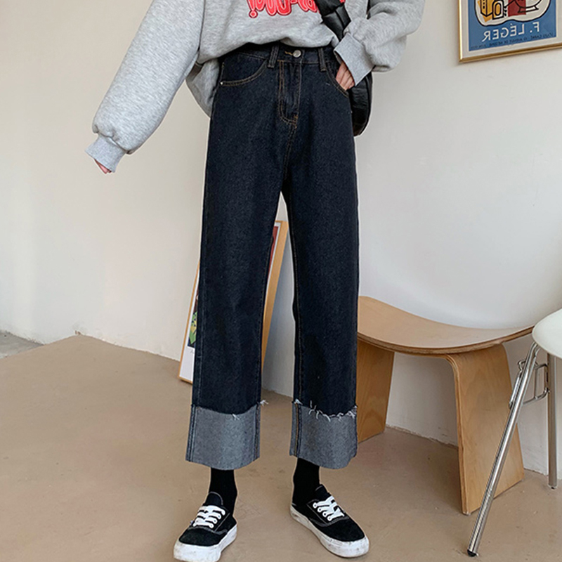 Pear-shaped figure pants women's autumn clothes fat sister roll-up jeans crotch thick thighs high waist thin plus size straight pants