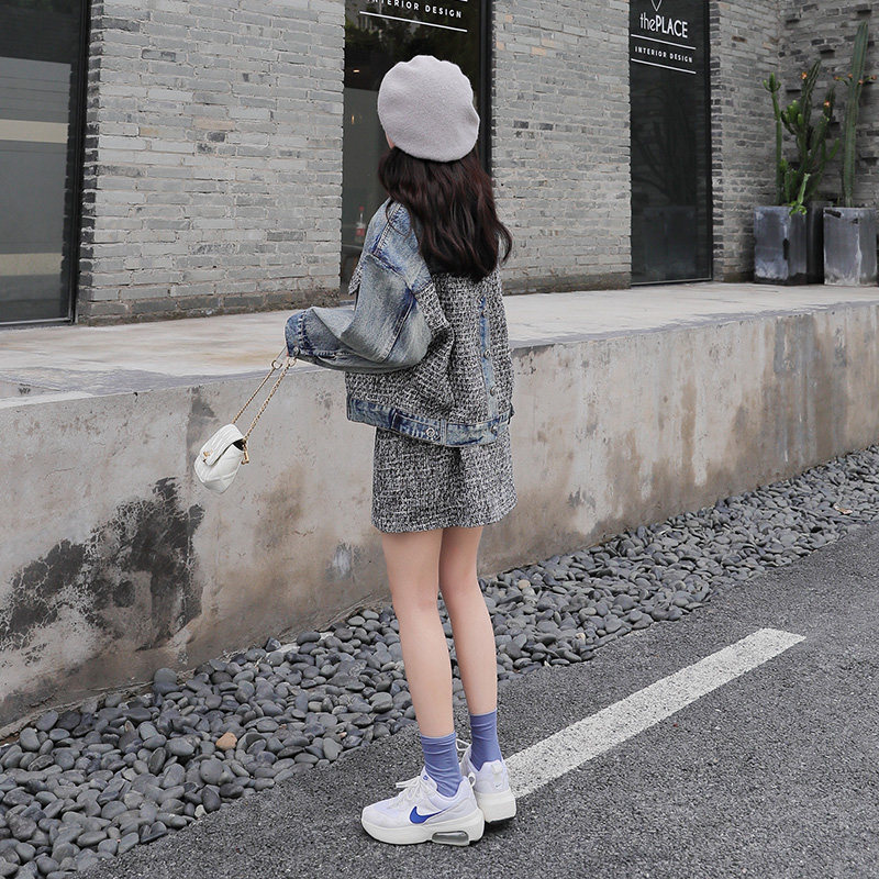 Small Fragrant Wind Suit Woman 2022 New name Yuanyuan Fashion Minus age Coarse Flowers, Cowboy Dress Early Spring Two Sets