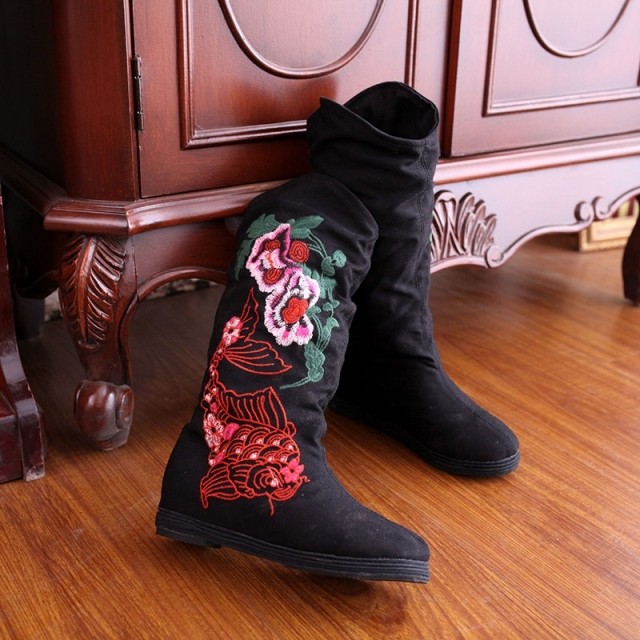 Old Bắc Kinh vải boots gió quốc gia thêu khởi động mùa xuân và mùa thu khởi động duy nhất retro lớp dưới tăng phụ nữ khởi động bông khởi động