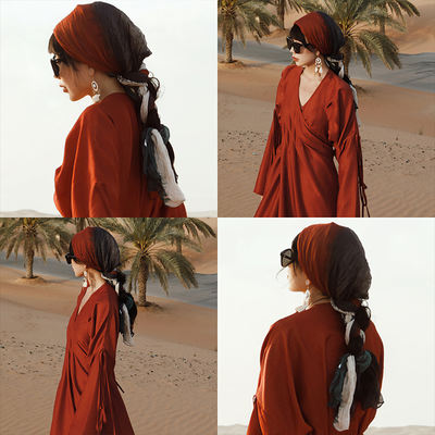 Mai Xu's "Alisa" exotic ethnic style cotton and linen pleated color-blocked headscarf travel outfit accessory